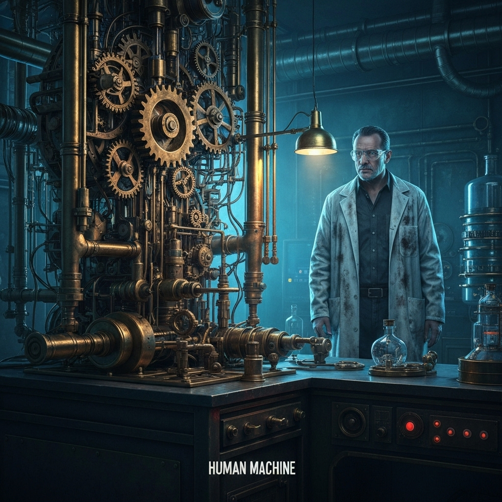 Human Machine album cover - industrial gears and circuits merged with human elements